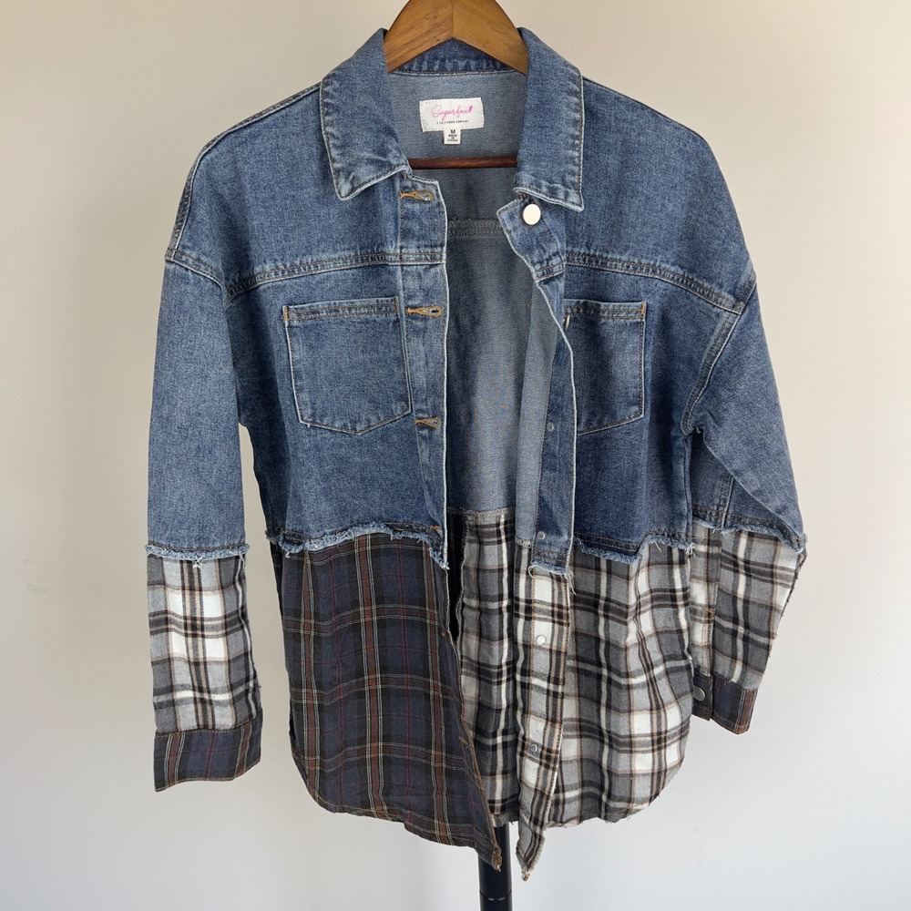 Sugarfox Mixed Media Denim Plaid Flannel Jacket Blue Brown Medium M